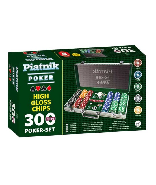 Set Poker profesional, 300 jetoane de cazinou de 14 grame, 2 pachete carti de joc, 5 zaruri - Piatnik
