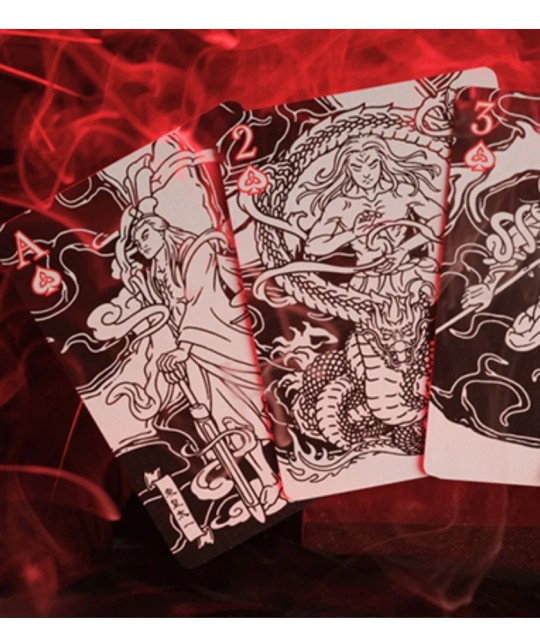 Cutia pachetului Mythic Divide Wrath of Darkness Playing Cards by Room One, cu design artistic roșu și negru